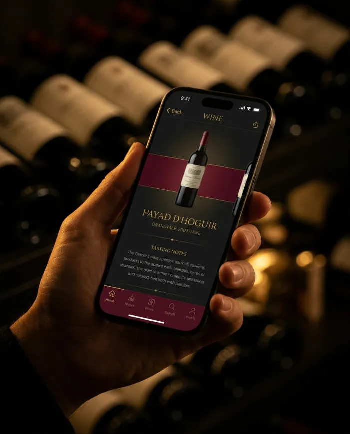 iPhone 上显示 Cru-Zu 应用中的葡萄酒酒窖